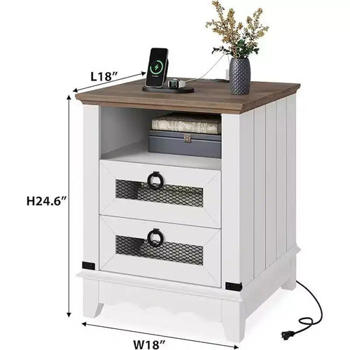 24 Farmhouse Side Table with Charging Station, 2 Drawers, Wooden Sofa Nightstand for Living Room and Bedroom