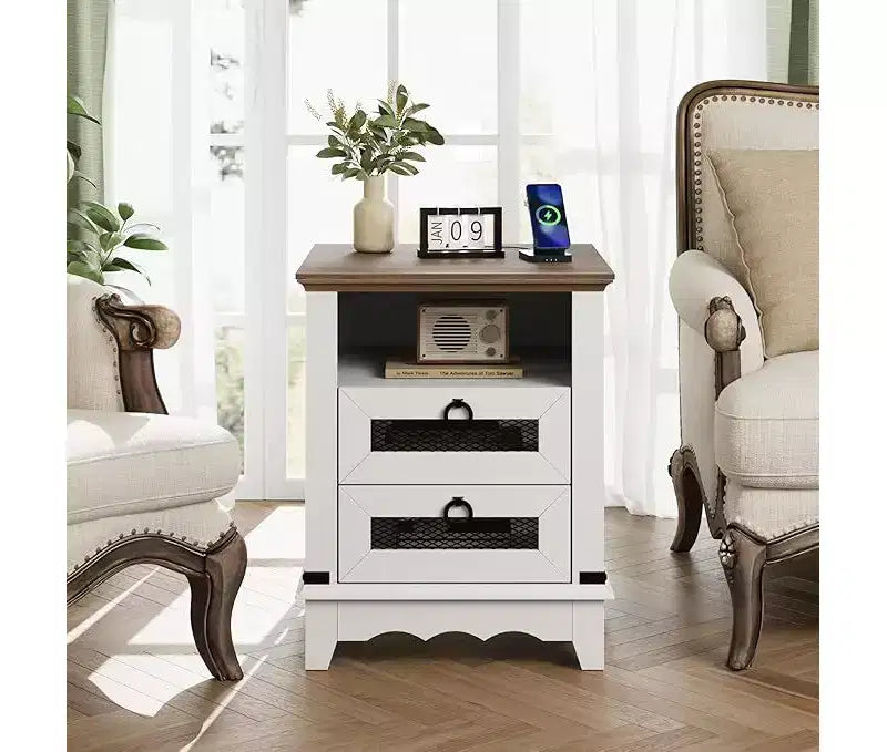 24 Farmhouse Side Table with Charging Station, 2 Drawers, Wooden Sofa Nightstand for Living Room and Bedroom