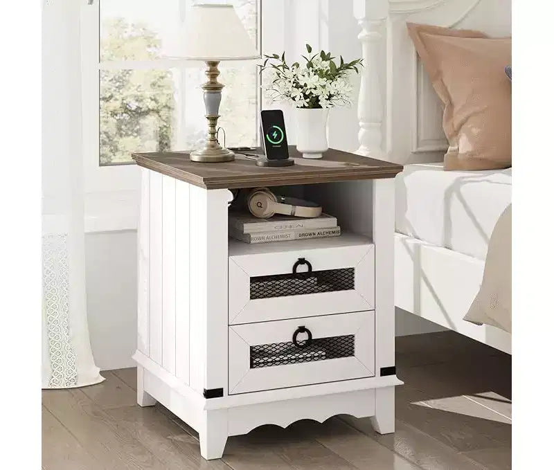 24 Farmhouse Side Table with Charging Station, 2 Drawers, Wooden Sofa Nightstand for Living Room and Bedroom