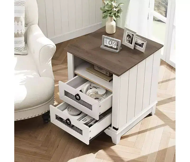 24 Farmhouse Side Table with Charging Station, 2 Drawers, Wooden Sofa Nightstand for Living Room and Bedroom