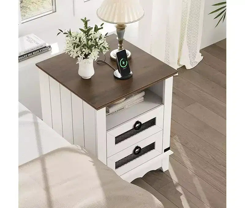 24 Farmhouse Side Table with Charging Station, 2 Drawers, Wooden Sofa Nightstand for Living Room and Bedroom