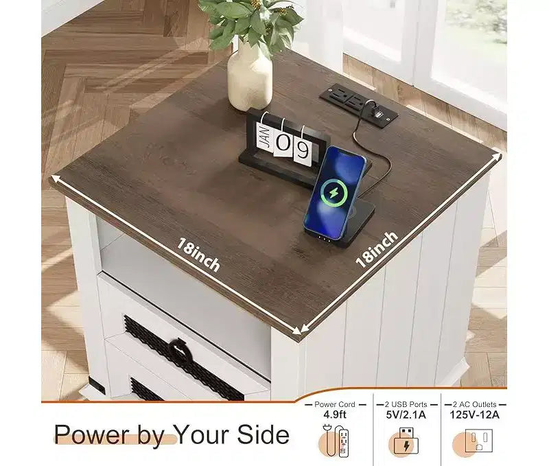 24 Farmhouse Side Table with Charging Station, 2 Drawers, Wooden Sofa Nightstand for Living Room and Bedroom