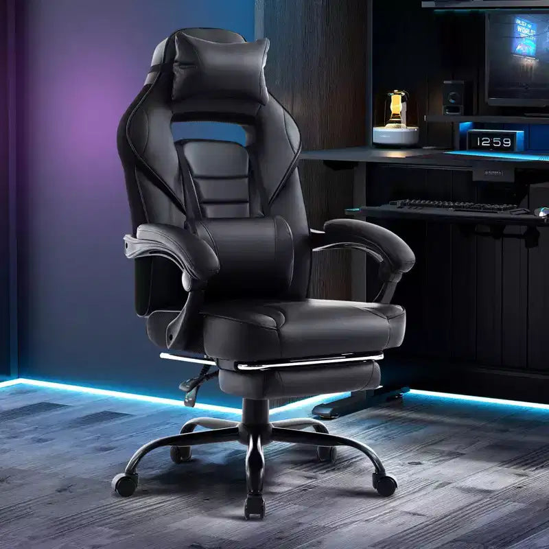 Sedia da ufficio taglie forti, sedia da gaming in pelle con schienale alto e poggiapiedi, sedia da computer ergonomica con supporto lombare e poggiatesta, base girevole a 360°