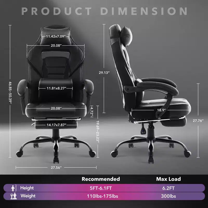 Sedia da ufficio taglie forti, sedia da gaming in pelle con schienale alto e poggiapiedi, sedia da computer ergonomica con supporto lombare e poggiatesta, base girevole a 360°