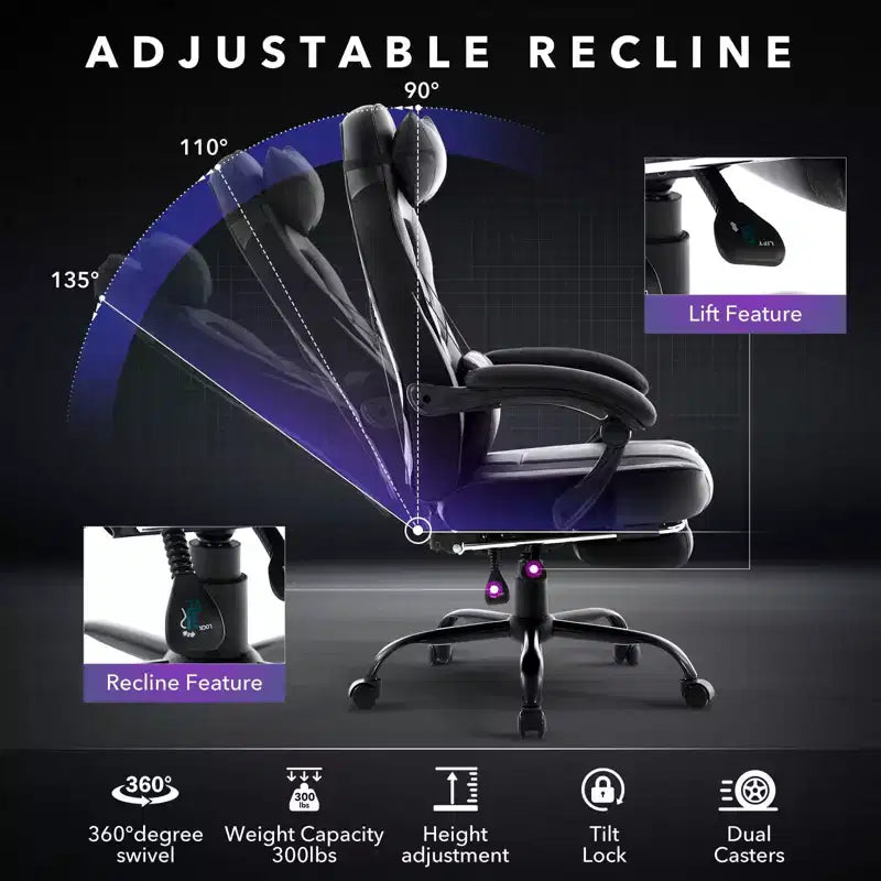 Sedia da ufficio taglie forti, sedia da gaming in pelle con schienale alto e poggiapiedi, sedia da computer ergonomica con supporto lombare e poggiatesta, base girevole a 360°