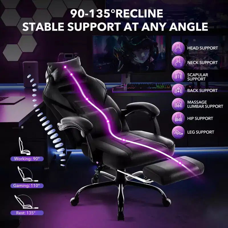 Sedia da ufficio taglie forti, sedia da gaming in pelle con schienale alto e poggiapiedi, sedia da computer ergonomica con supporto lombare e poggiatesta, base girevole a 360°
