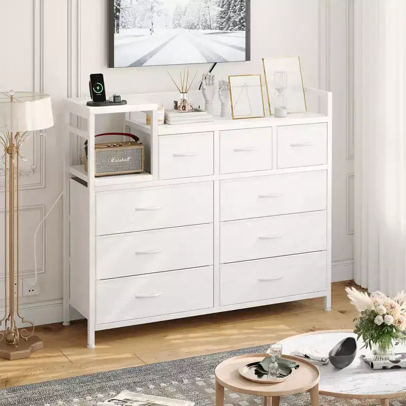 White 39 Fabric Drawer Dresser,Chest of Drawers and Shelf, Modern Dresser with Charging Station, TV Stand Dresser for Bedroom, Living Room