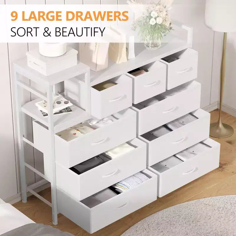White 39 Fabric Drawer Dresser,Chest of Drawers and Shelf, Modern Dresser with Charging Station, TV Stand Dresser for Bedroom, Living Room