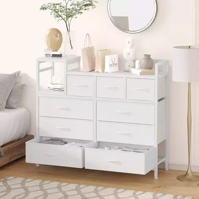 White 39 Fabric Drawer Dresser,Chest of Drawers and Shelf, Modern Dresser with Charging Station, TV Stand Dresser for Bedroom, Living Room
