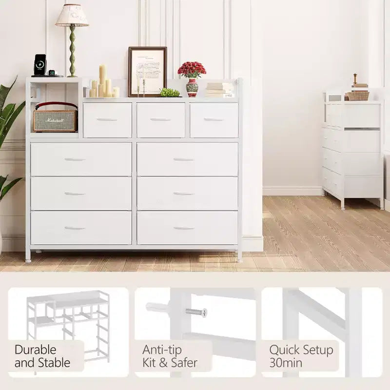 White 39 Fabric Drawer Dresser,Chest of Drawers and Shelf, Modern Dresser with Charging Station, TV Stand Dresser for Bedroom, Living Room