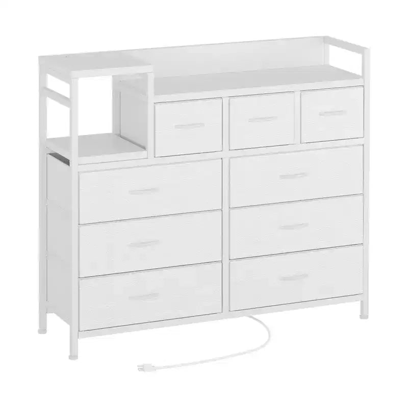 Cassettiera in tessuto bianco a 39 cassetti, comò e ripiano, comò moderno con stazione di ricarica, comò porta TV per camera da letto, soggiorno