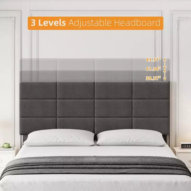 Twin Size Bed Frame, Linen Upholstered Platform Bed Frame, Height Adjustable Headboard, Metal Frame, Wood Slats, No Box Spring Needed