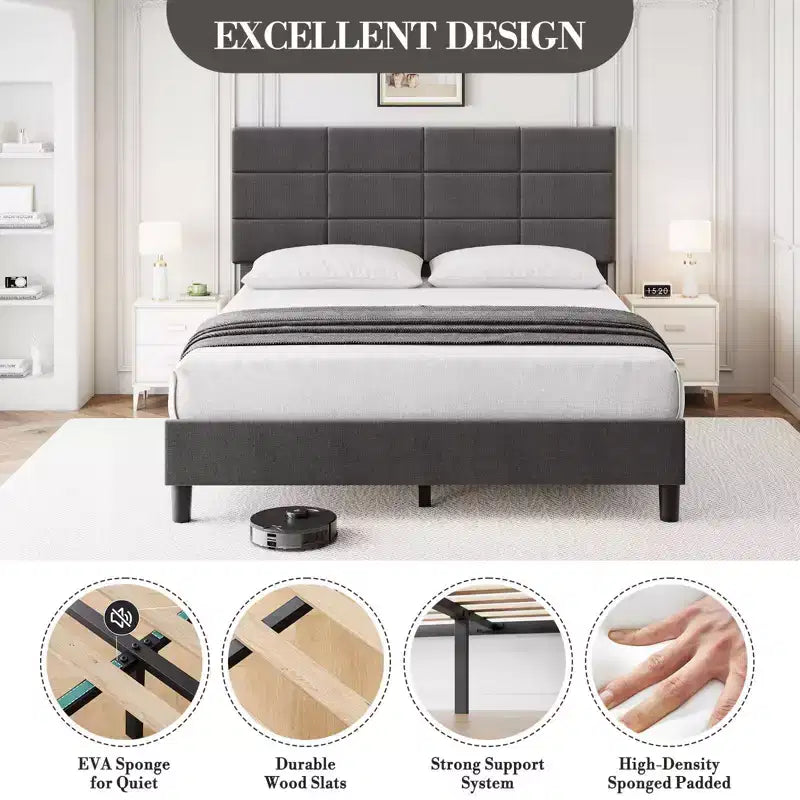 Twin Size Bed Frame, Linen Upholstered Platform Bed Frame, Height Adjustable Headboard, Metal Frame, Wood Slats, No Box Spring Needed