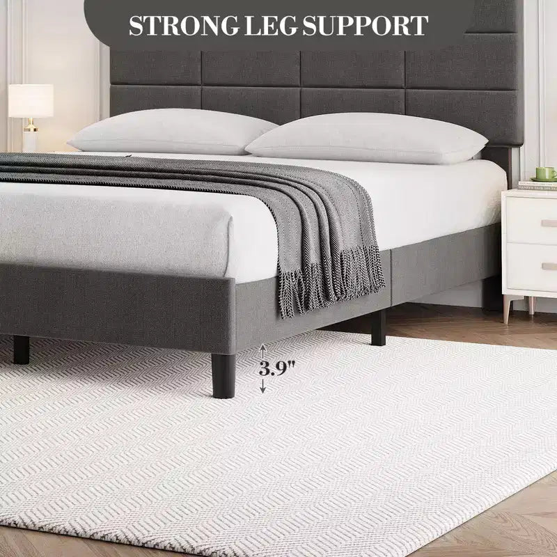 Twin Size Bed Frame, Linen Upholstered Platform Bed Frame, Height Adjustable Headboard, Metal Frame, Wood Slats, No Box Spring Needed