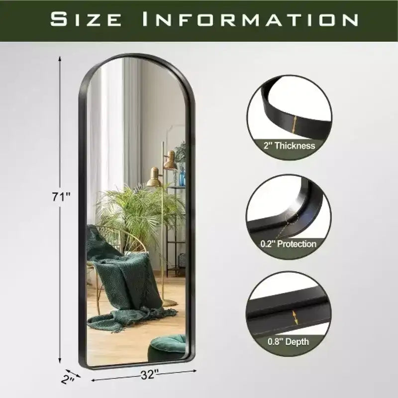 Black 31.5 x 70.87 Inch Rounded Arch Shaped Aluminum Alloy Full Length Mirror without Stand for Living Room and Bedroom Wall Decor