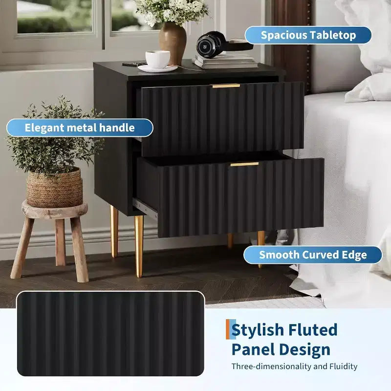 Comodino Moderno con 2 Cassetti, Comodino Scanalato Oro e Legno, Tavolino da Notte per Camera da Letto o Appartamento