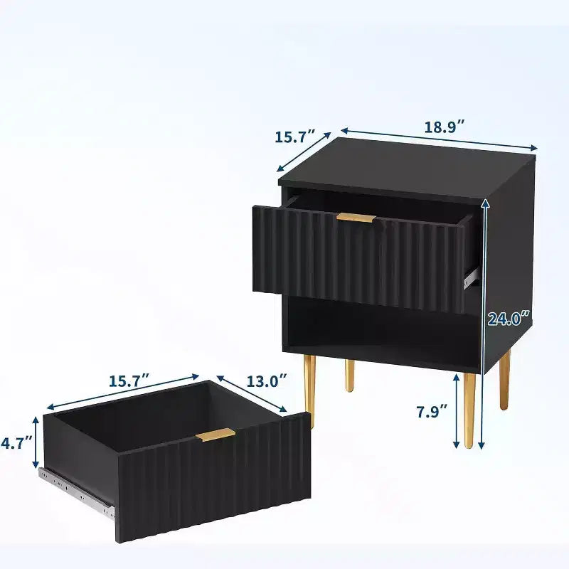 Comodino Moderno con 2 Cassetti, Comodino Scanalato Oro e Legno, Tavolino da Notte per Camera da Letto o Appartamento