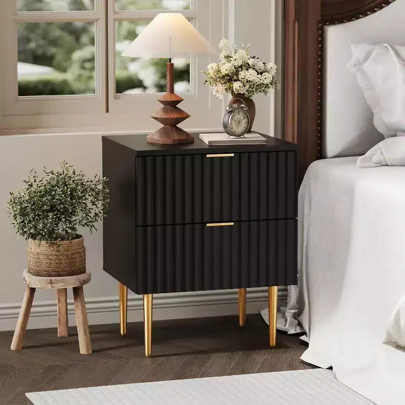 Comodino Moderno con 2 Cassetti, Comodino Scanalato Oro e Legno, Tavolino da Notte per Camera da Letto o Appartamento