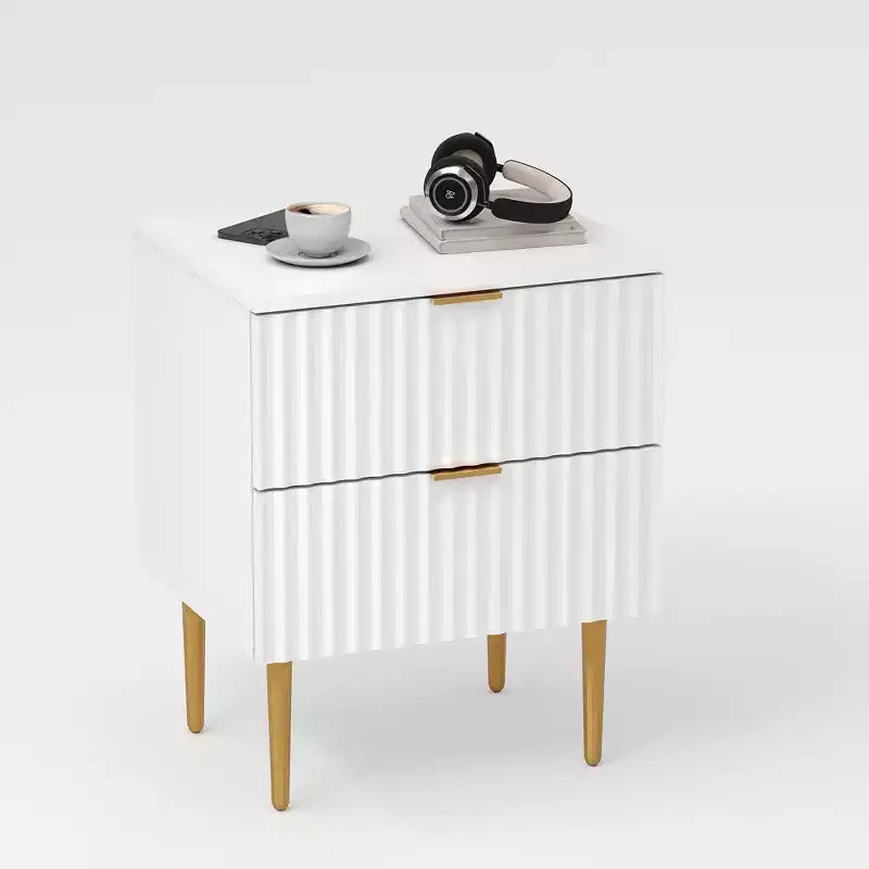 Comodino Moderno con 2 Cassetti, Comodino Scanalato Oro e Legno, Tavolino da Notte per Camera da Letto o Appartamento