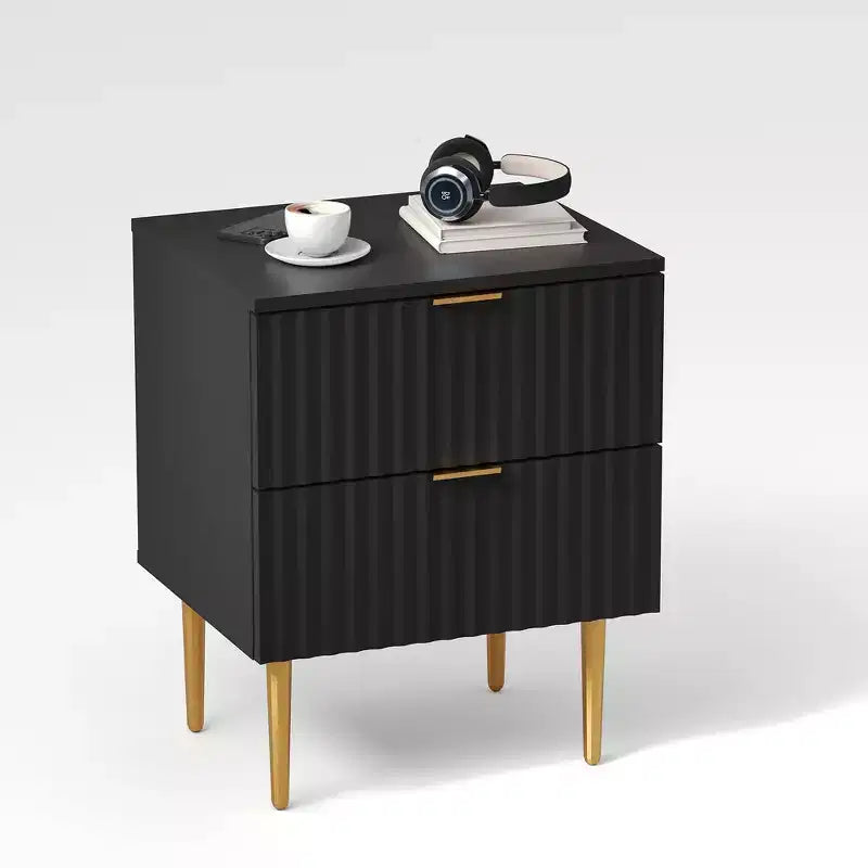 Comodino Moderno con 2 Cassetti, Comodino Scanalato Oro e Legno, Tavolino da Notte per Camera da Letto o Appartamento