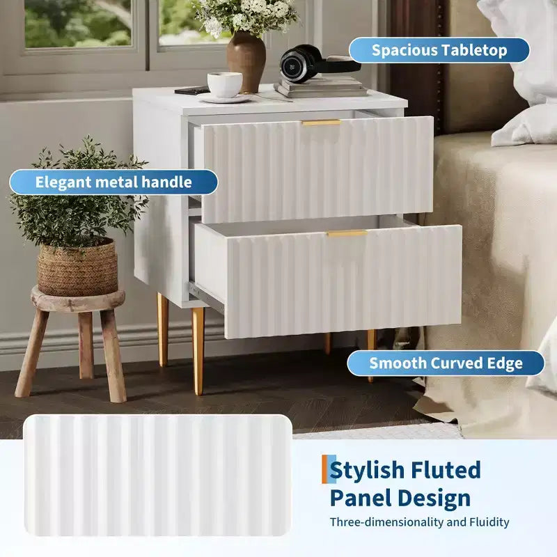 Comodino Moderno con 2 Cassetti, Comodino Scanalato Oro e Legno, Tavolino da Notte per Camera da Letto o Appartamento