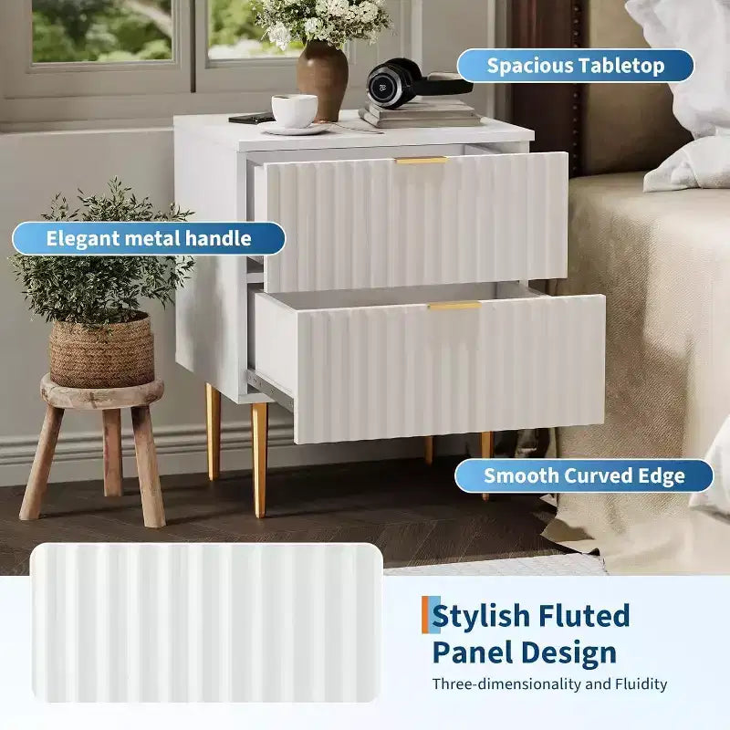 Comodino Moderno con 2 Cassetti, Comodino Scanalato Oro e Legno, Tavolino da Notte per Camera da Letto o Appartamento