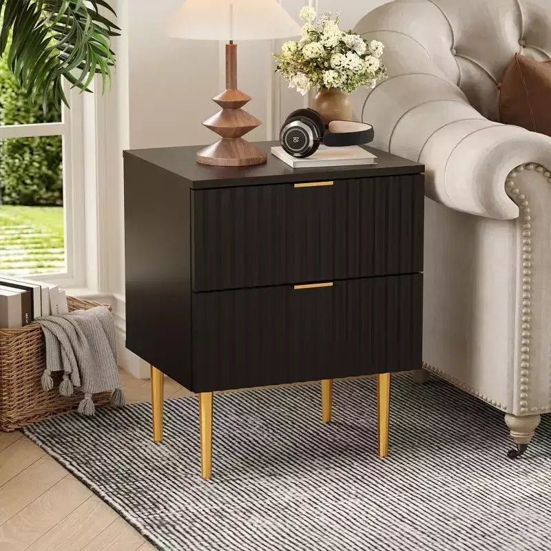 Comodino Moderno con 2 Cassetti, Comodino Scanalato Oro e Legno, Tavolino da Notte per Camera da Letto o Appartamento