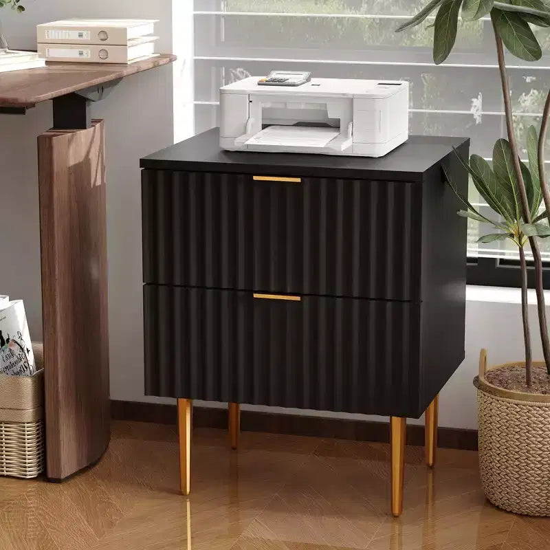 Comodino Moderno con 2 Cassetti, Comodino Scanalato Oro e Legno, Tavolino da Notte per Camera da Letto o Appartamento
