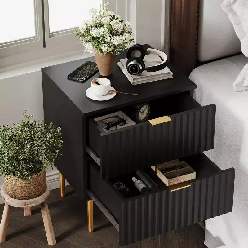 Comodino Moderno con 2 Cassetti, Comodino Scanalato Oro e Legno, Tavolino da Notte per Camera da Letto o Appartamento