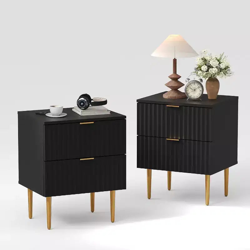 Modern Nightstand with 2 Drawers, Golden and Wood Fluted Night Stand, Bedside Table for Bedroom Apartment