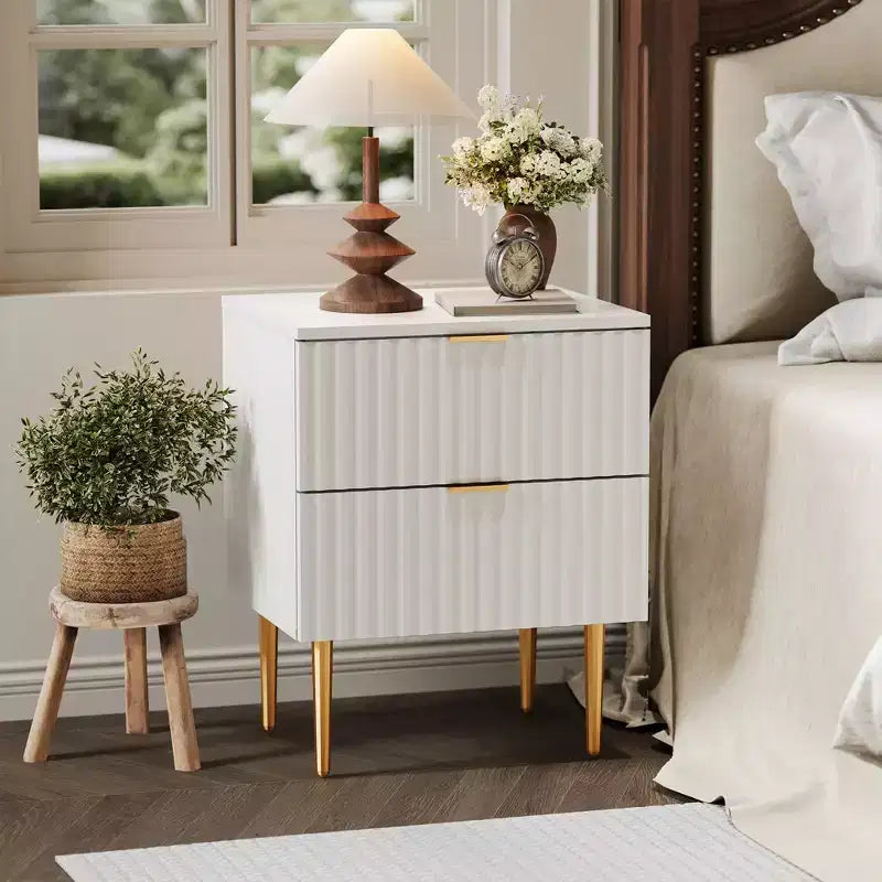 Modern Nightstand with 2 Drawers, Golden and Wood Fluted Night Stand, Bedside Table for Bedroom Apartment
