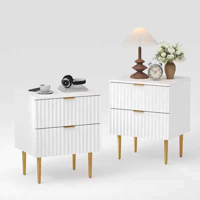 Modern Nightstand with 2 Drawers, Golden and Wood Fluted Night Stand, Bedside Table for Bedroom Apartment