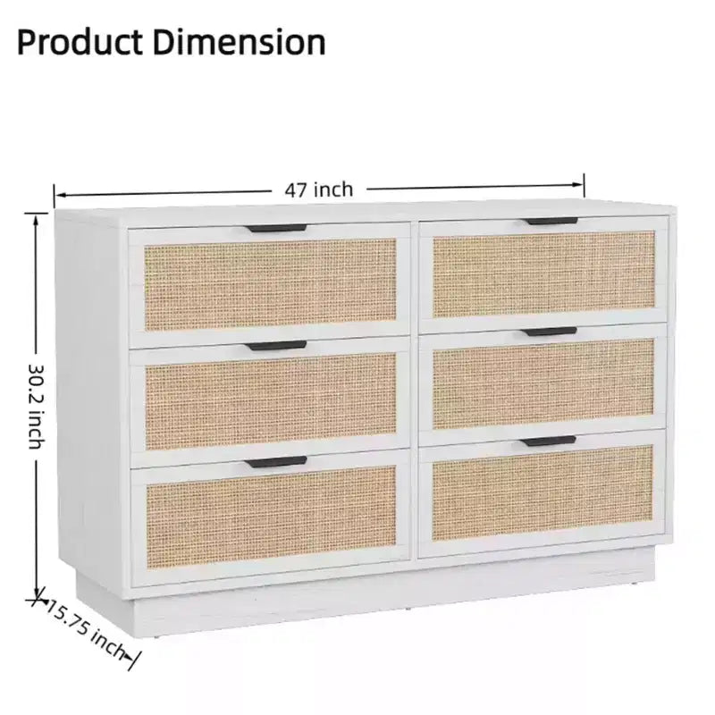 Rattan 6 Drawer Dresser, 47in Wide White 6 Chest of Drawers with Metal Handles and Wooden Sturdy Base for Bedroom Living Room Office