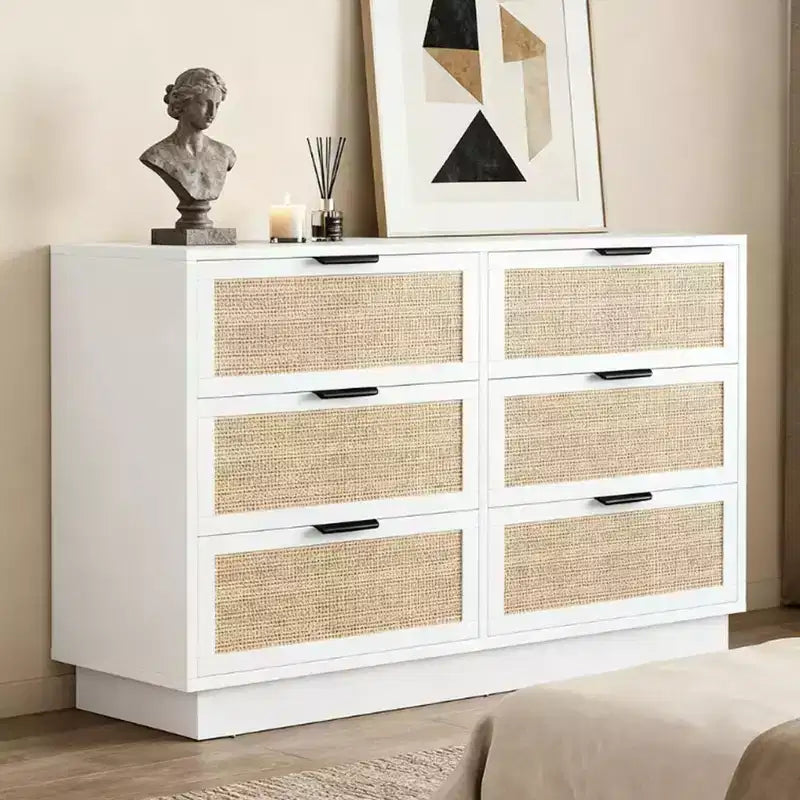 Rattan 6 Drawer Dresser, 47in Wide White 6 Chest of Drawers with Metal Handles and Wooden Sturdy Base for Bedroom Living Room Office