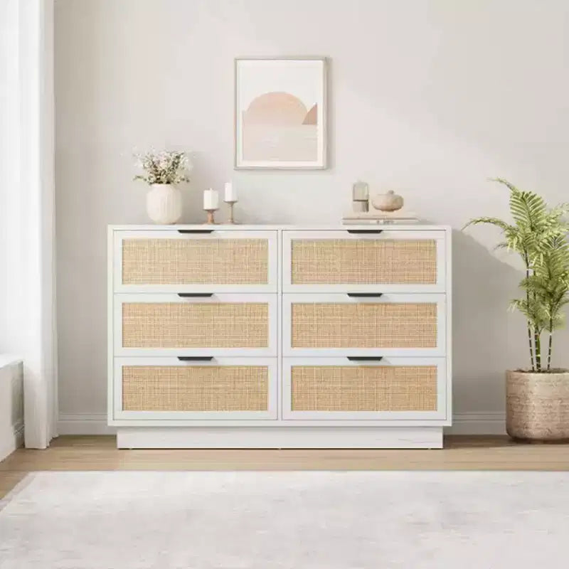 Rattan 6 Drawer Dresser, 47in Wide White 6 Chest of Drawers with Metal Handles and Wooden Sturdy Base for Bedroom Living Room Office