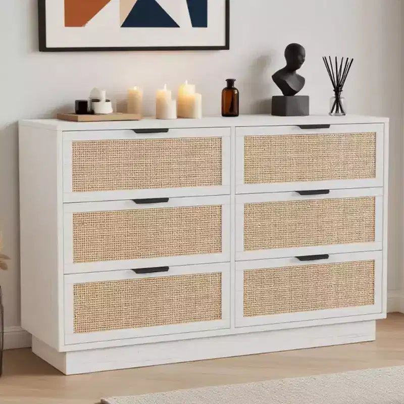 Comò in rattan a 6 cassetti, cassettiera bianca larga 120 cm a 6 cassetti con maniglie in metallo e base robusta in legno per camera da letto, soggiorno, ufficio