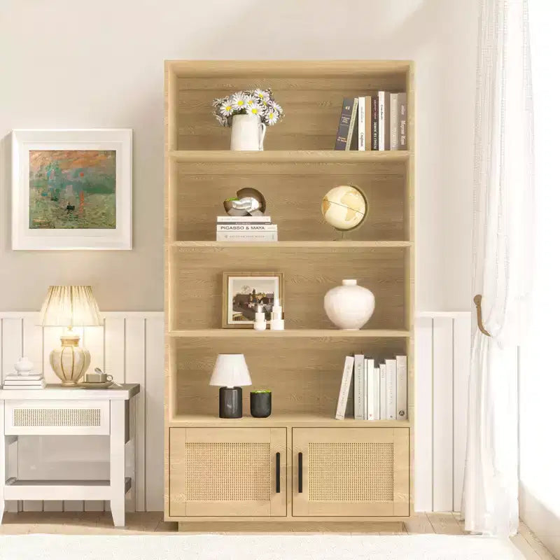 Libreria a 5 Ripiani, Libreria Bohemien con Ante in Rattan, Libreria in Legno con Contenitore, Scaffale Alto per Libri, Grande Libreria per Soggiorno, Casa