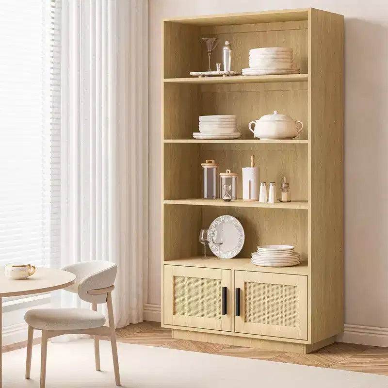 Libreria a 5 Ripiani, Libreria Bohemien con Ante in Rattan, Libreria in Legno con Contenitore, Scaffale Alto per Libri, Grande Libreria per Soggiorno, Casa