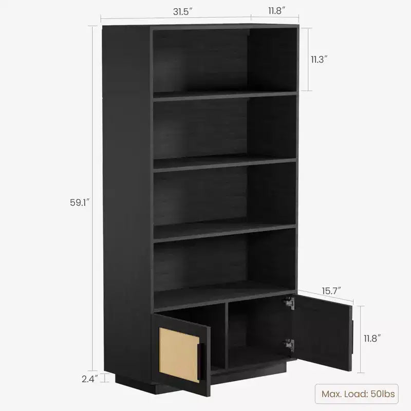 5 Tier Bookshelf, Boho Bookcase with Rattan Doors, Wooden Bookcase and Bookshelf with Storage, Tall Book Stand, Large Bookshelf for Living Room,Home
