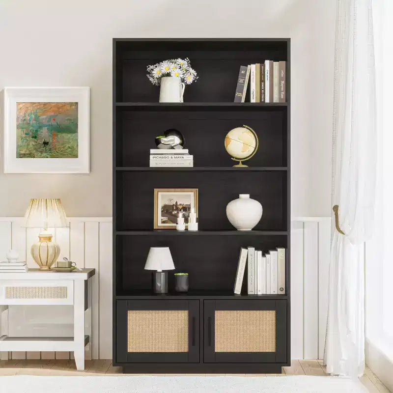 5 Tier Bookshelf, Boho Bookcase with Rattan Doors, Wooden Bookcase and Bookshelf with Storage, Tall Book Stand, Large Bookshelf for Living Room,Home