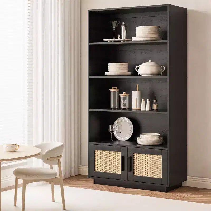 5 Tier Bookshelf, Boho Bookcase with Rattan Doors, Wooden Bookcase and Bookshelf with Storage, Tall Book Stand, Large Bookshelf for Living Room,Home