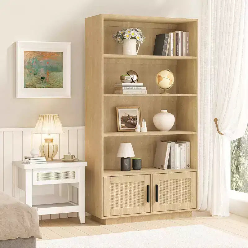 5 Tier Bookshelf, Boho Bookcase with Rattan Doors, Wooden Bookcase and Bookshelf with Storage, Tall Book Stand, Large Bookshelf for Living Room,Home