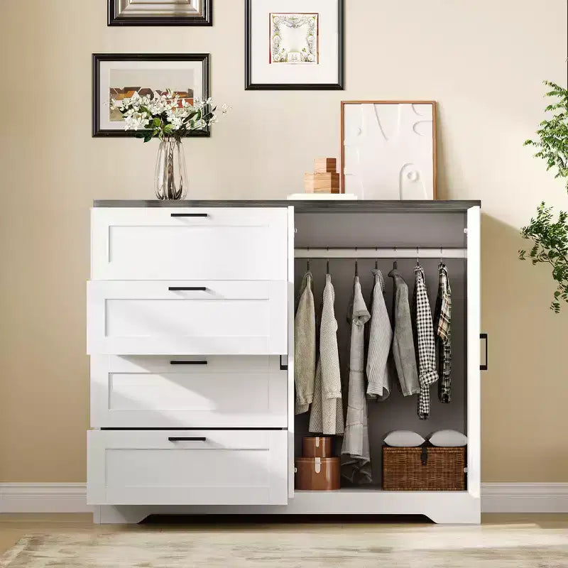 Wooden Dresser with 4 Drawers and Hanging Rod for Bedroom, 43.3'' H 2 Door Wardrobe Closet , Low Storage Cabinet for Hanging Cloth