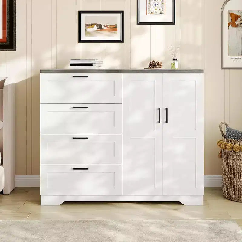 Wooden Dresser with 4 Drawers and Hanging Rod for Bedroom, 43.3'' H 2 Door Wardrobe Closet , Low Storage Cabinet for Hanging Cloth