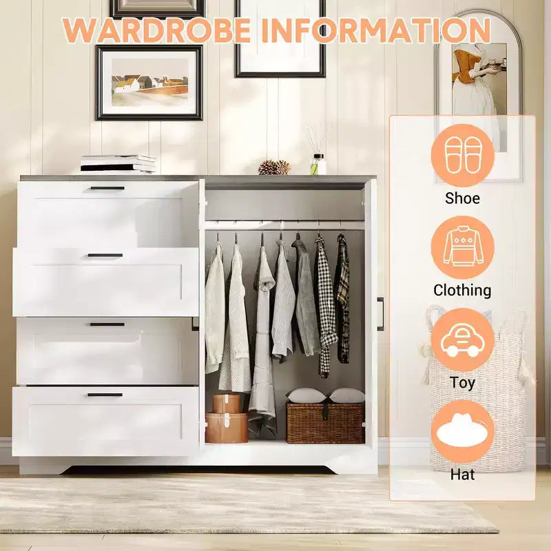 Wooden Dresser with 4 Drawers and Hanging Rod for Bedroom, 43.3'' H 2 Door Wardrobe Closet , Low Storage Cabinet for Hanging Cloth