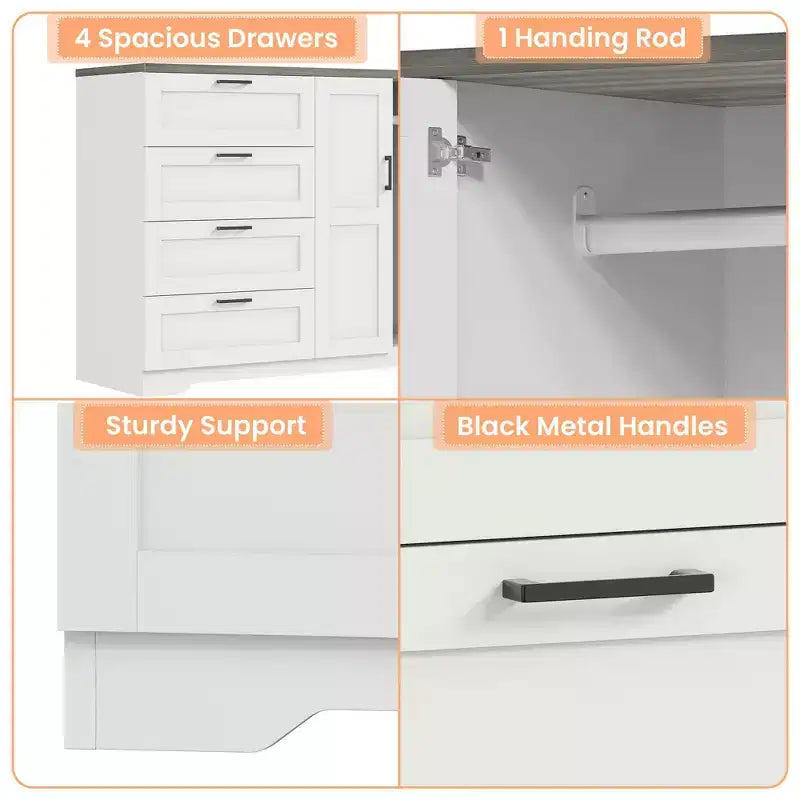 Wooden Dresser with 4 Drawers and Hanging Rod for Bedroom, 43.3'' H 2 Door Wardrobe Closet , Low Storage Cabinet for Hanging Cloth