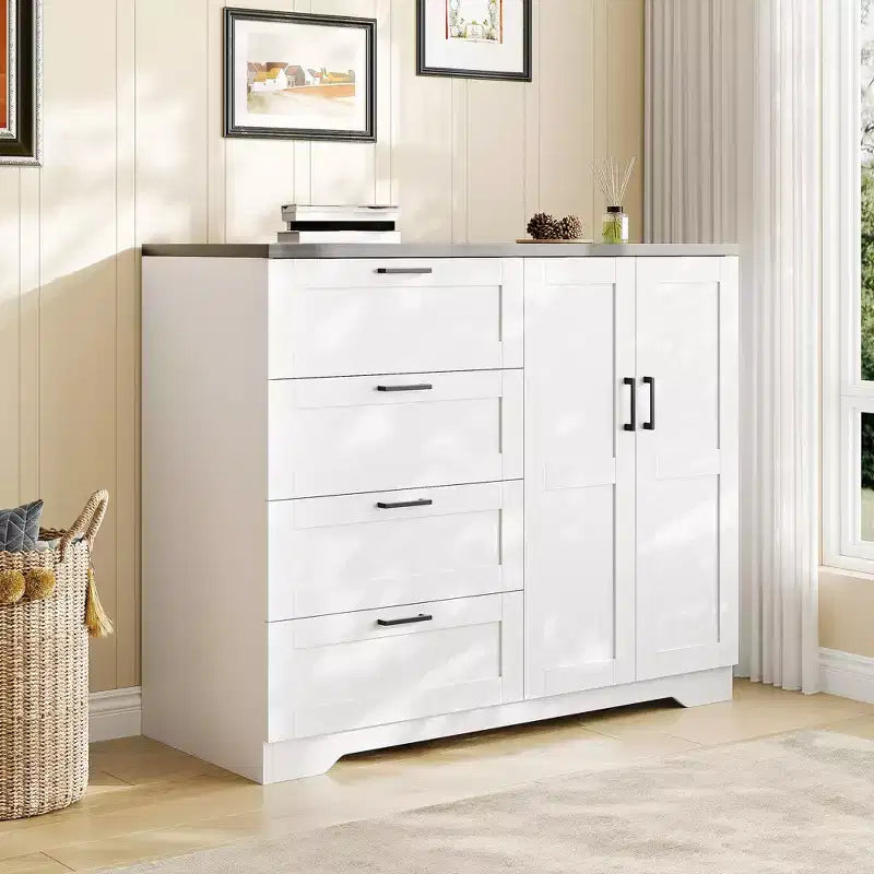 Cassettiera in Legno con 4 Cassetti e Asta Appendiabiti per Camera da Letto, Armadio a 2 Ante Alto 110 cm, Mobile Contenitore Basso per Vestiti Appesi