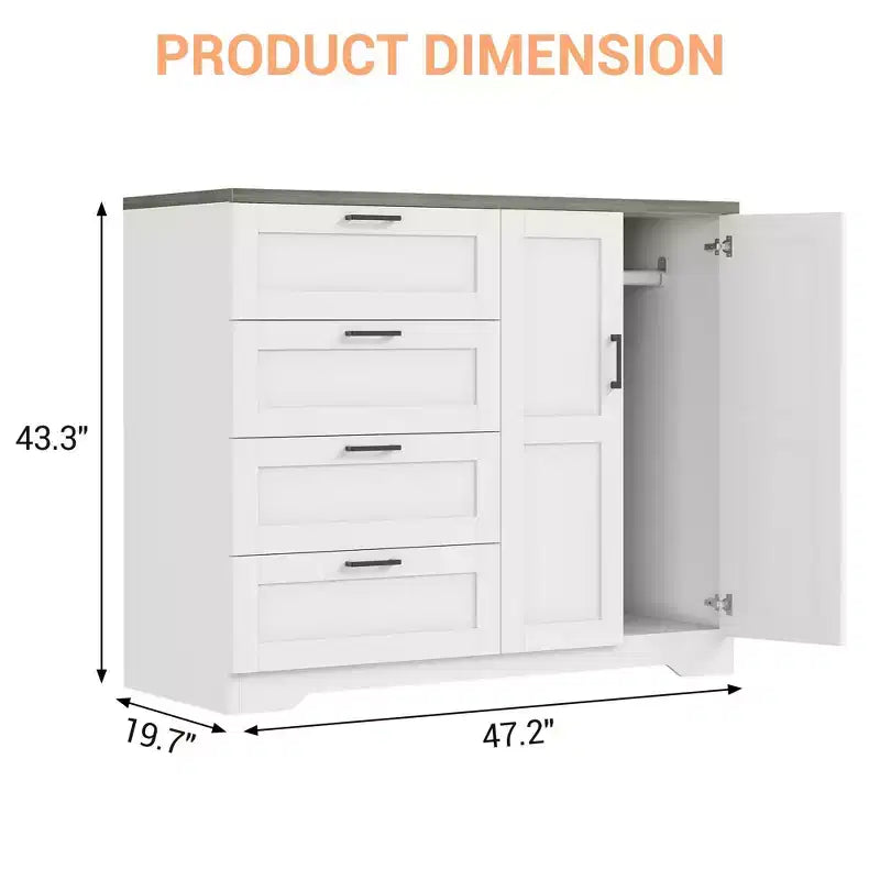 Cassettiera in Legno con 4 Cassetti e Asta Appendiabiti per Camera da Letto, Armadio a 2 Ante Alto 110 cm, Mobile Contenitore Basso per Vestiti Appesi