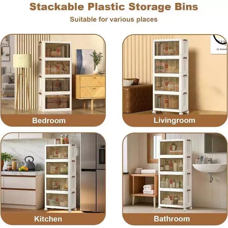 Stackable 4-Layer Storage Boxes, Plastic Storage Cabinet Capacity, with Door and Wheels for Storing Food, Toys in the Bedroom and Living Room