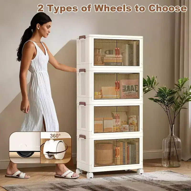 Stackable 4-Layer Storage Boxes, Plastic Storage Cabinet Capacity, with Door and Wheels for Storing Food, Toys in the Bedroom and Living Room